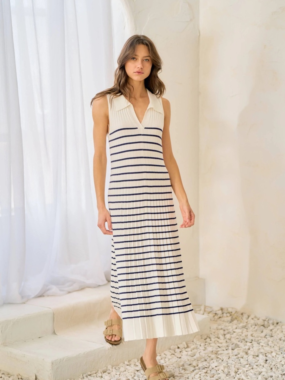 Lalavon Sleeveless Collared Knit Stripe Maxi Dress - Cream & Navy